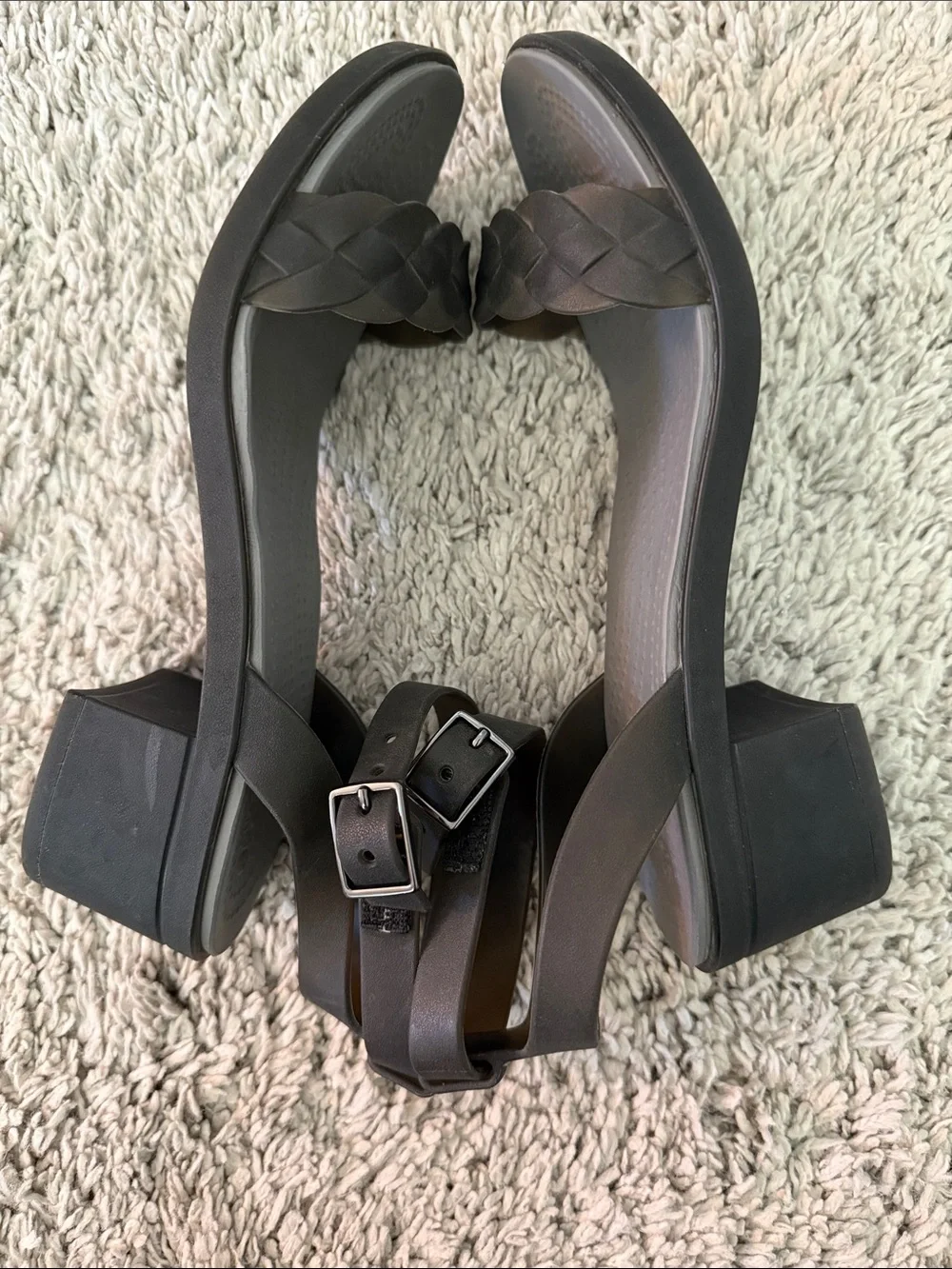 CROCS Brown and Beige Leather Block Heel Sandals